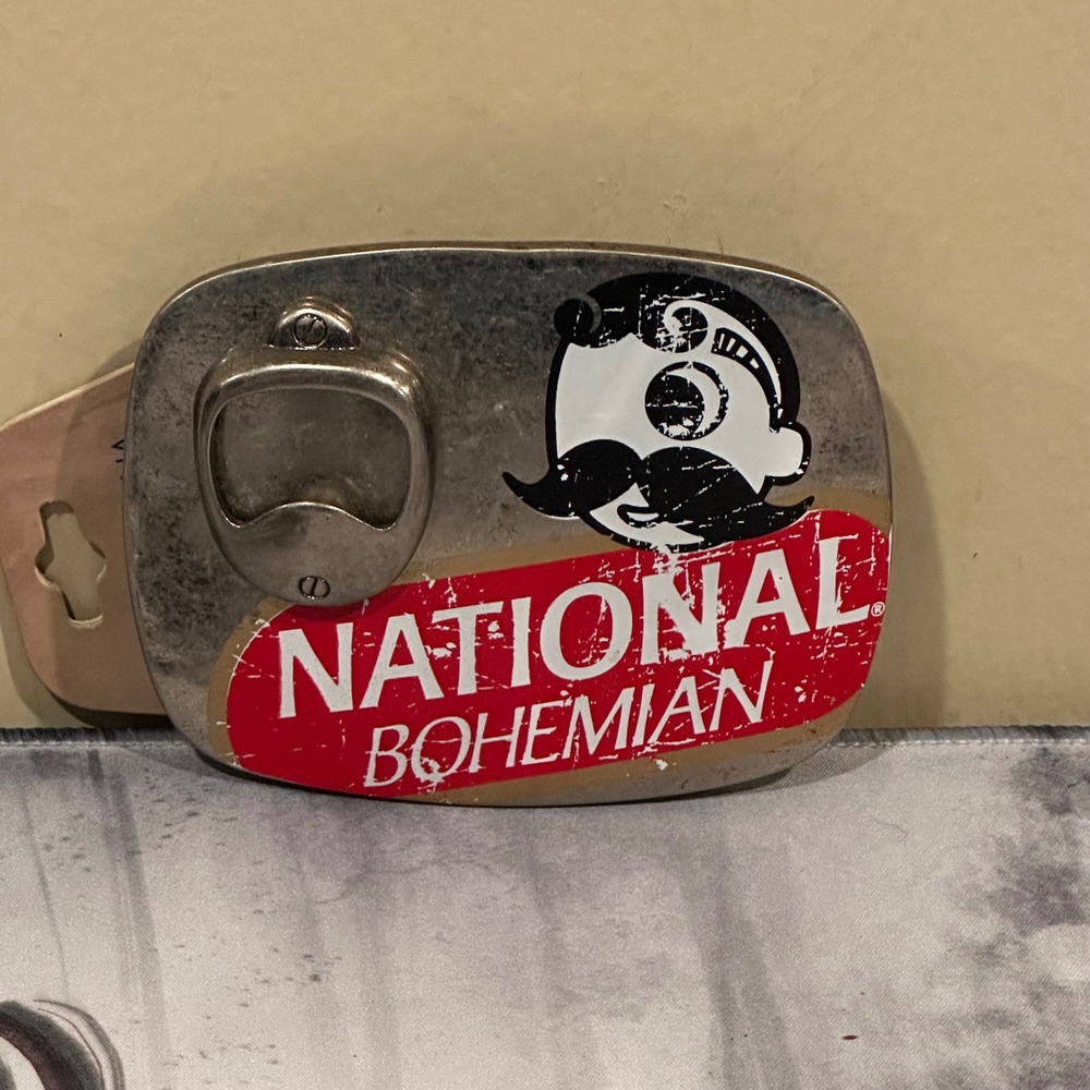 National Bohemian Beer Belt Buckle Mr Boh Mascot Bottle Opener Natty Boh Silver